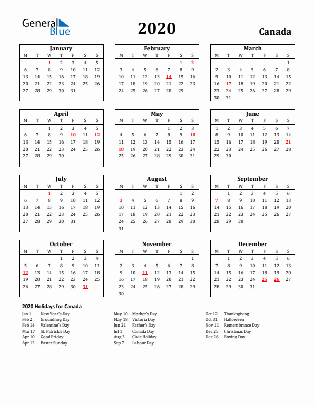 2020 Canada Holiday Calendar - Monday Start