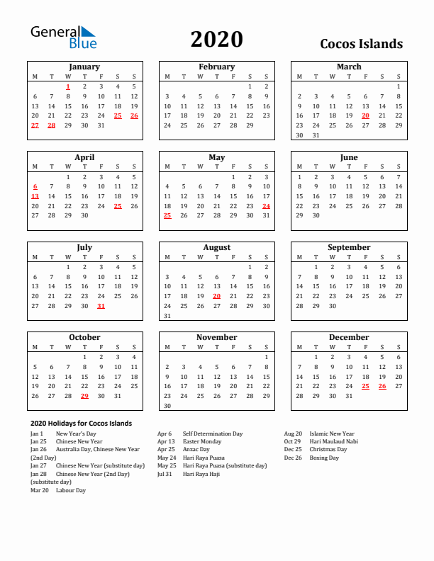 2020 Cocos Islands Holiday Calendar - Monday Start