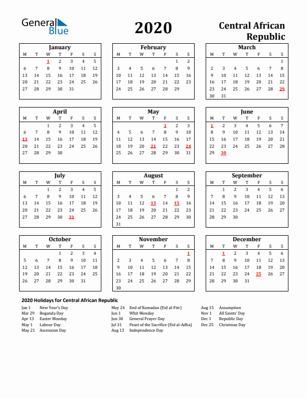 2020 Central African Republic Holiday Calendar - Monday Start
