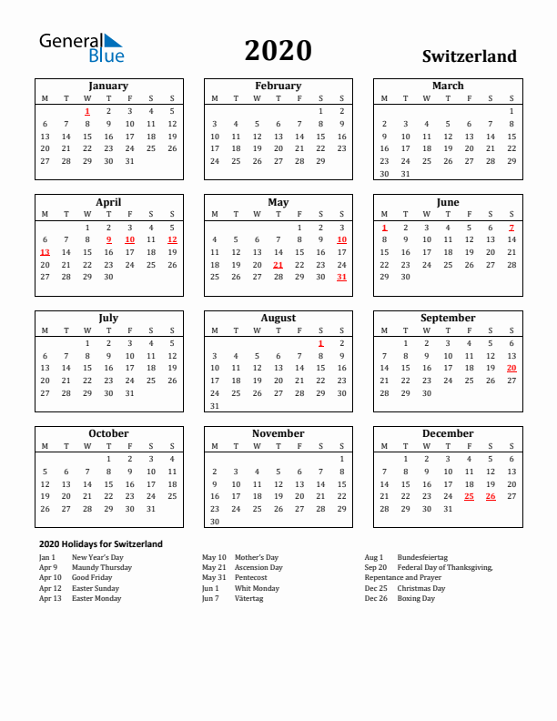 2020 Switzerland Holiday Calendar - Monday Start