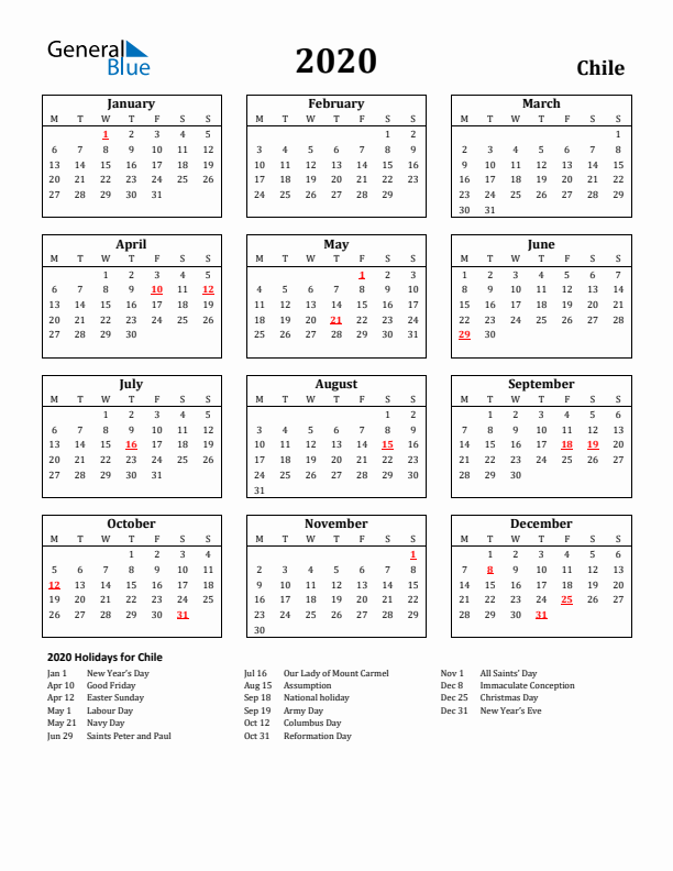 2020 Chile Holiday Calendar - Monday Start