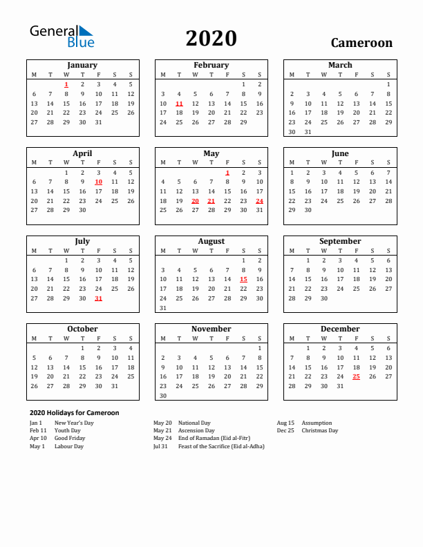 2020 Cameroon Holiday Calendar - Monday Start