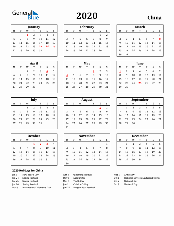 2020 China Holiday Calendar - Monday Start