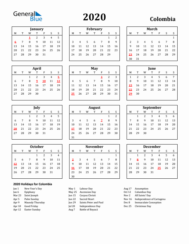 2020 Colombia Holiday Calendar - Monday Start