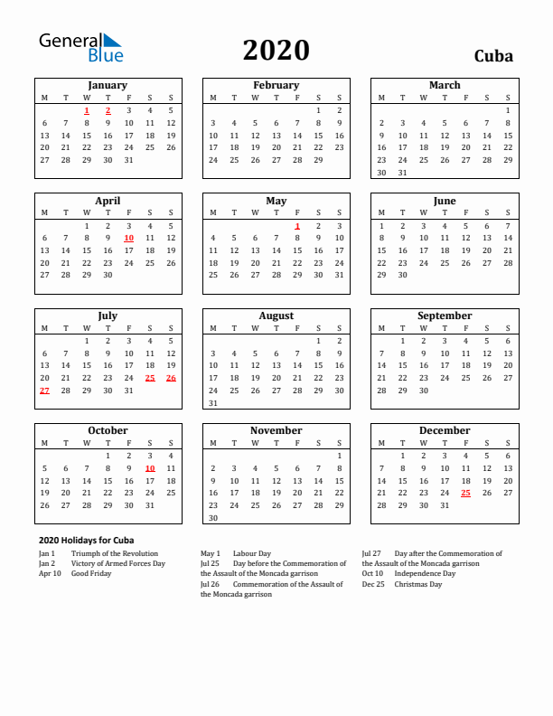2020 Cuba Holiday Calendar - Monday Start