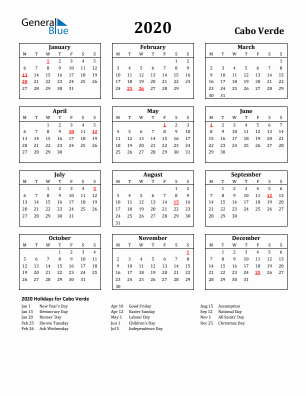 2020 Cabo Verde Holiday Calendar - Monday Start