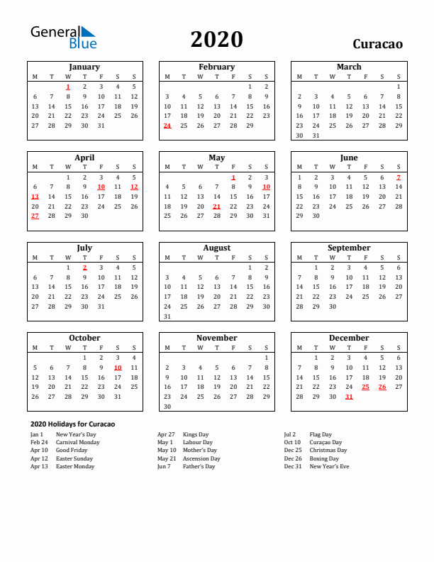 2020 Curacao Holiday Calendar - Monday Start