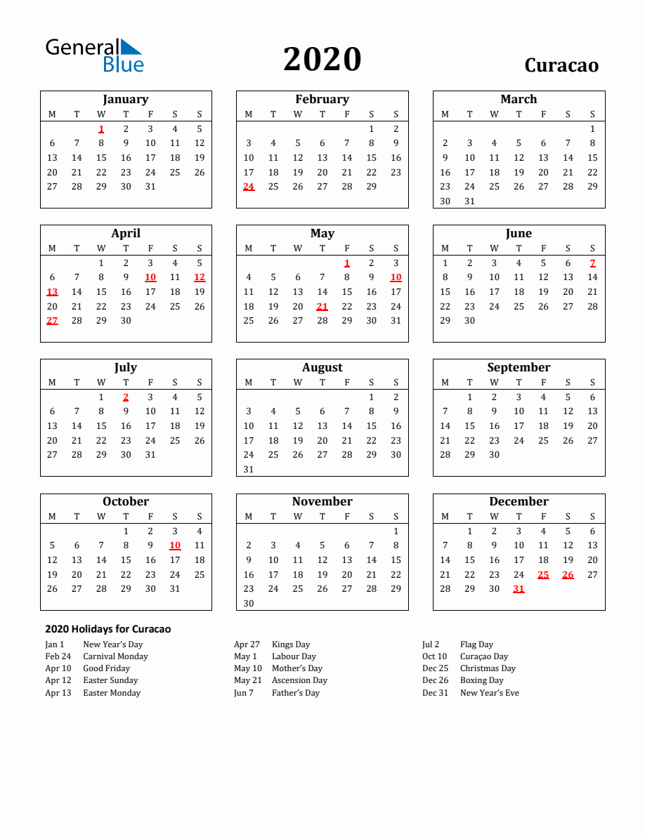 Free Printable 2020 Curacao Holiday Calendar