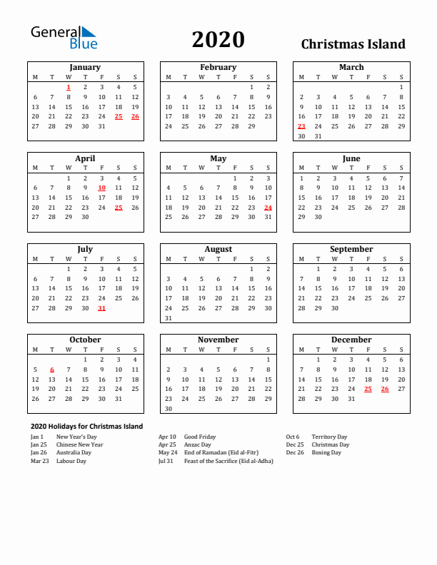 2020 Christmas Island Holiday Calendar - Monday Start