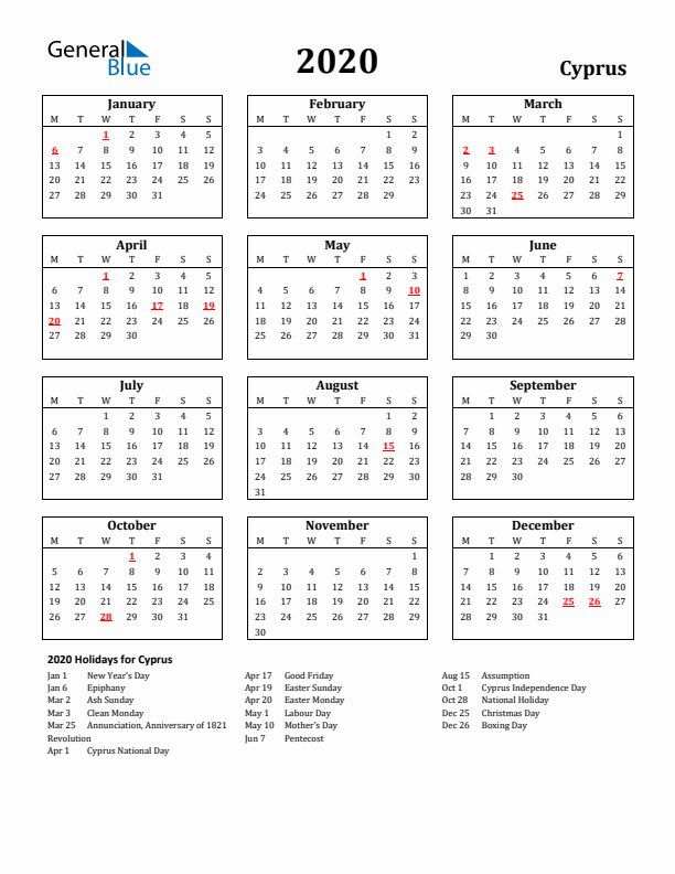 2020 Cyprus Holiday Calendar - Monday Start