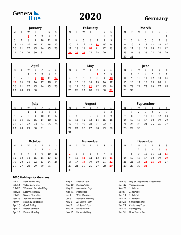 2020 Germany Holiday Calendar - Monday Start
