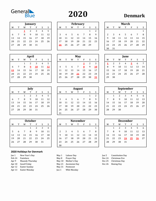 2020 Denmark Holiday Calendar - Monday Start