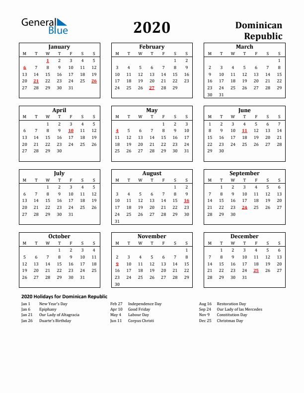 2020 Dominican Republic Holiday Calendar - Monday Start