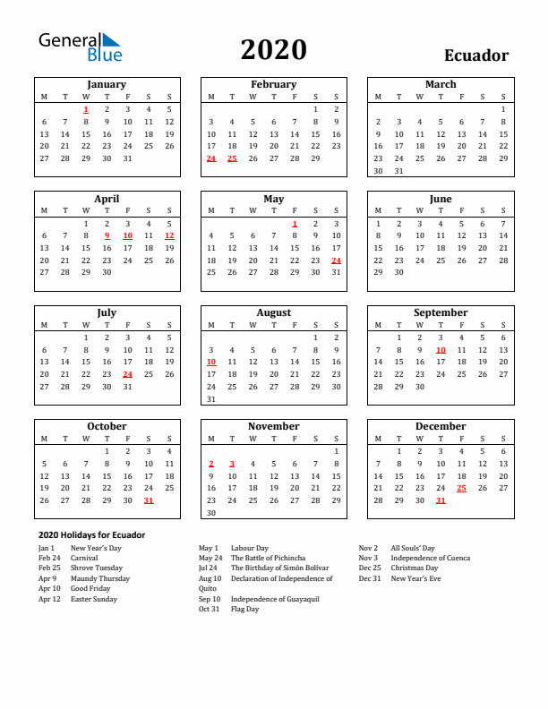2020 Ecuador Holiday Calendar - Monday Start