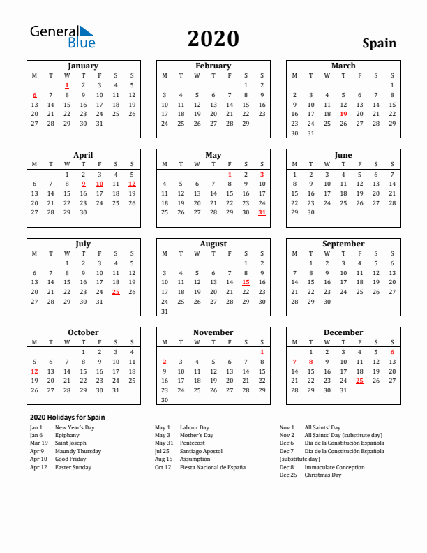 2020 Spain Holiday Calendar - Monday Start