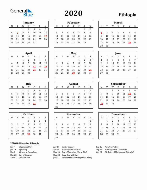 2020 Ethiopia Holiday Calendar - Monday Start