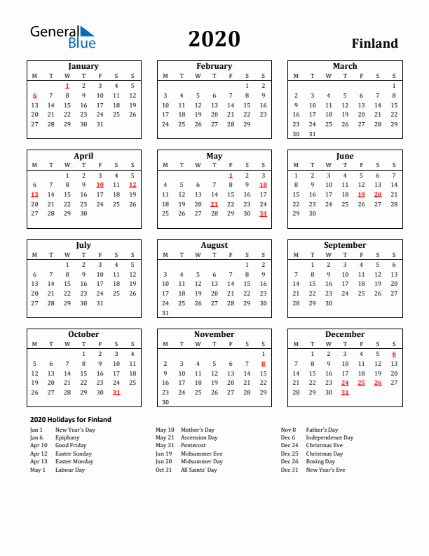 2020 Finland Holiday Calendar - Monday Start