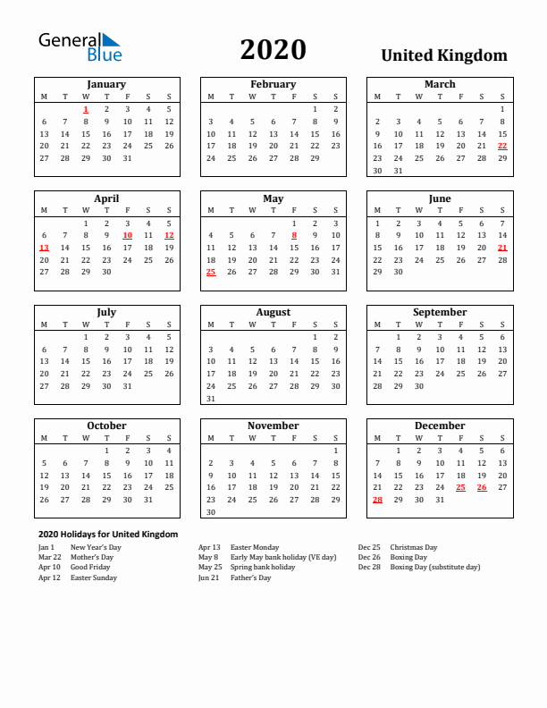 2020 United Kingdom Holiday Calendar - Monday Start