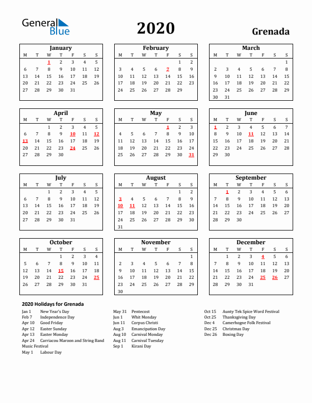 2020 Grenada Holiday Calendar - Monday Start