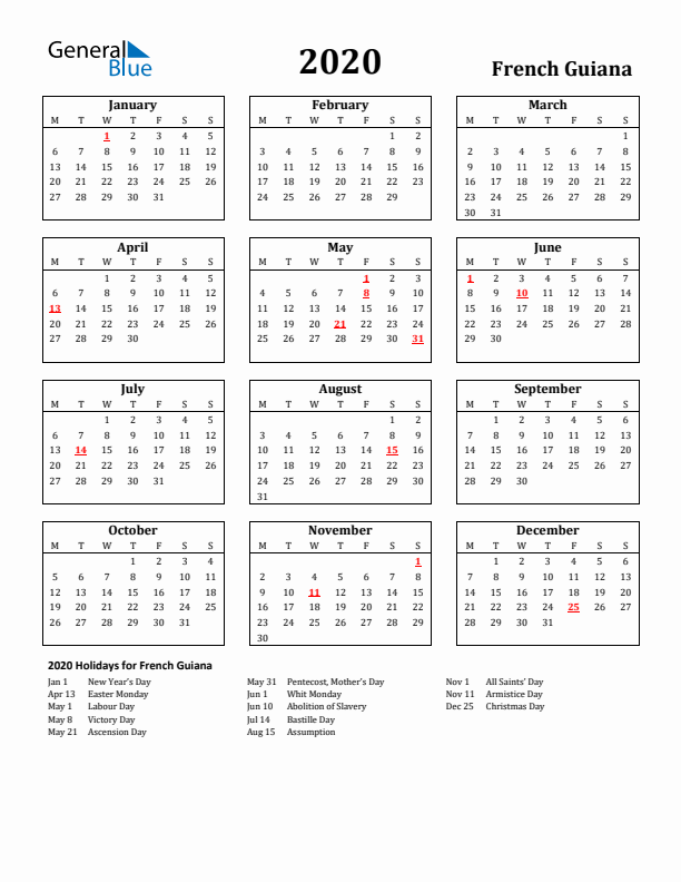 2020 French Guiana Holiday Calendar - Monday Start