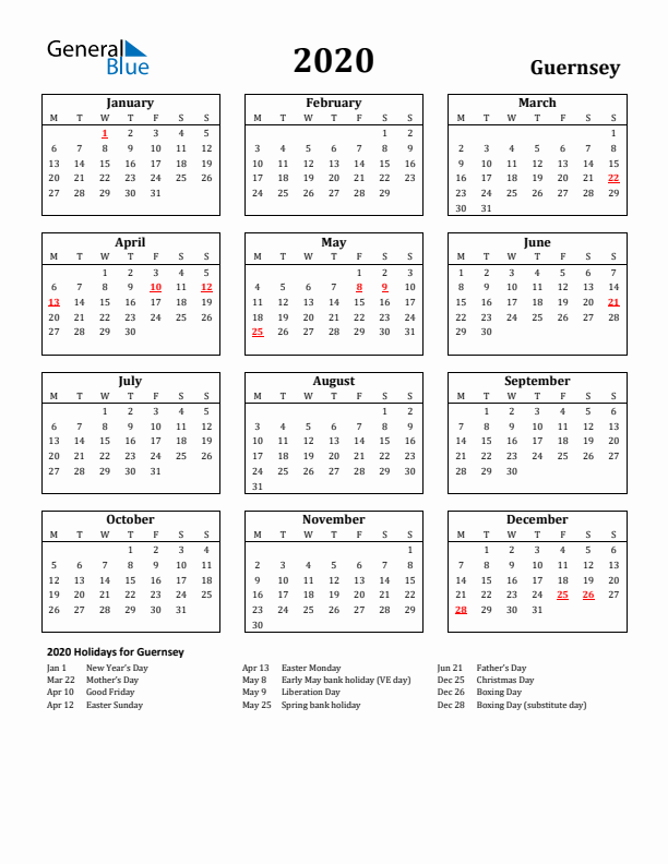 2020 Guernsey Holiday Calendar - Monday Start