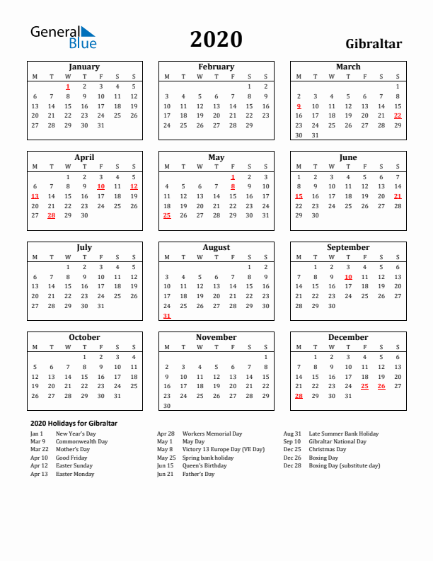 2020 Gibraltar Holiday Calendar - Monday Start