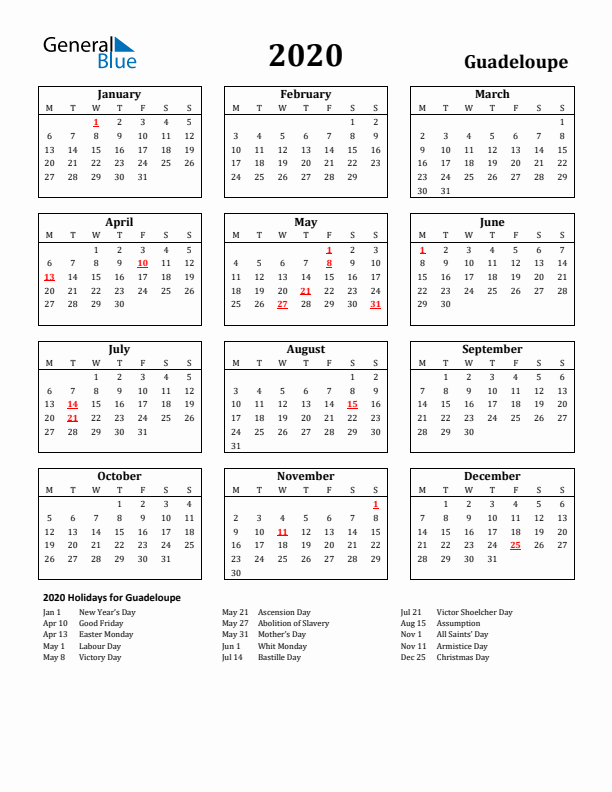 2020 Guadeloupe Holiday Calendar - Monday Start