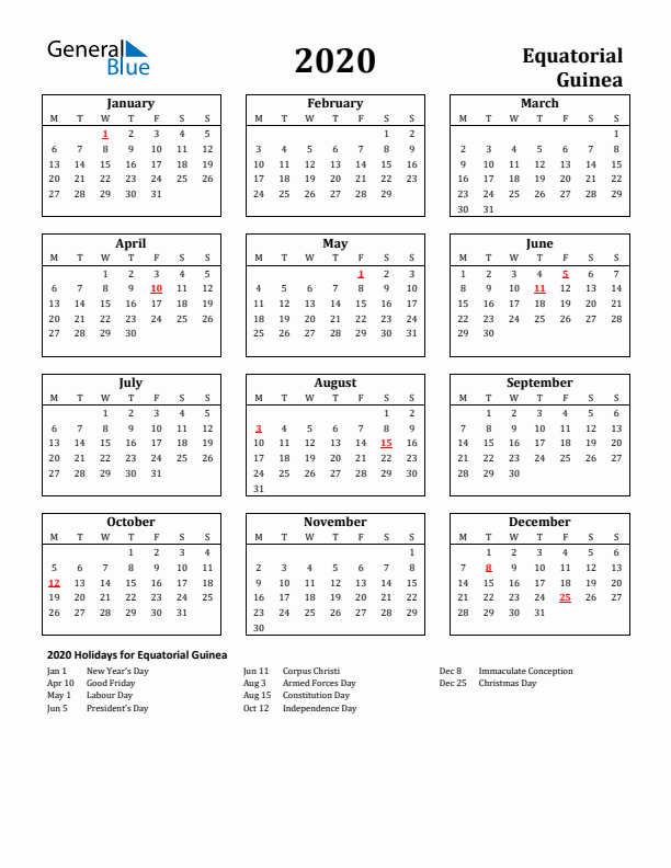 2020 Equatorial Guinea Holiday Calendar - Monday Start