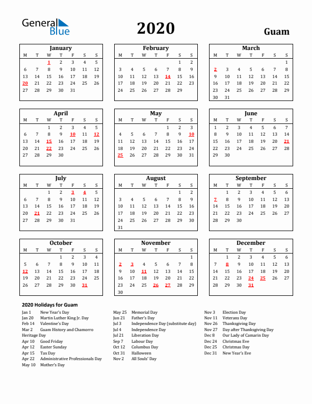 2020 Guam Holiday Calendar - Monday Start
