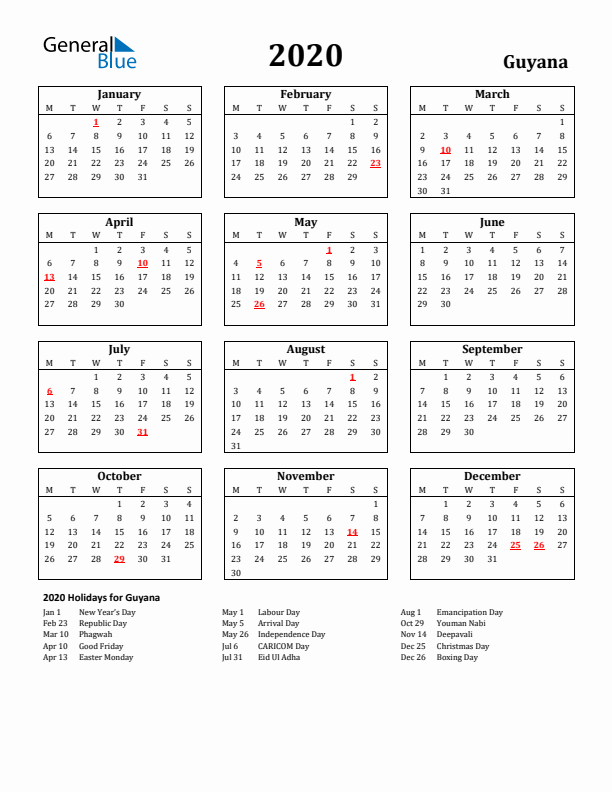 2020 Guyana Holiday Calendar - Monday Start
