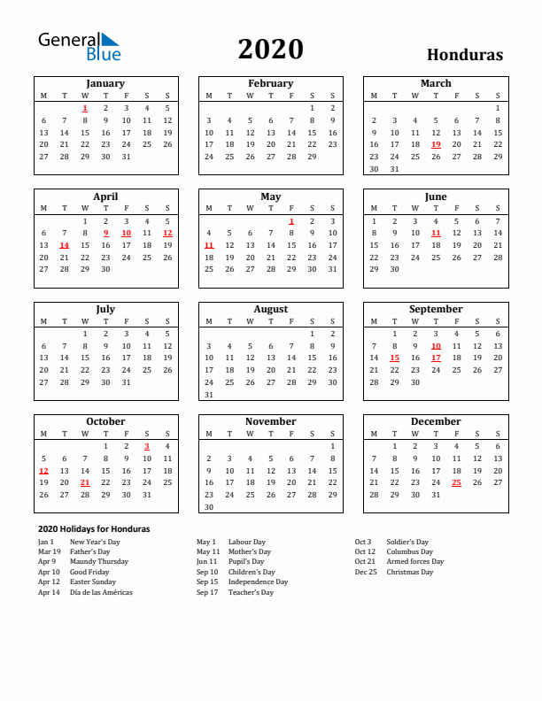 2020 Honduras Holiday Calendar - Monday Start