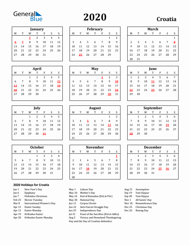 2020 Croatia Holiday Calendar - Monday Start