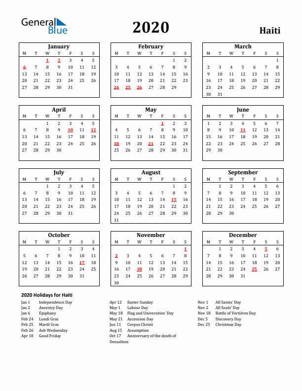 2020 Haiti Holiday Calendar - Monday Start