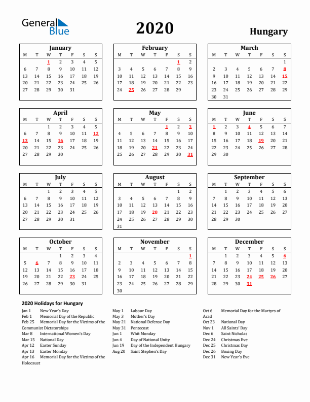 2020 Hungary Holiday Calendar - Monday Start