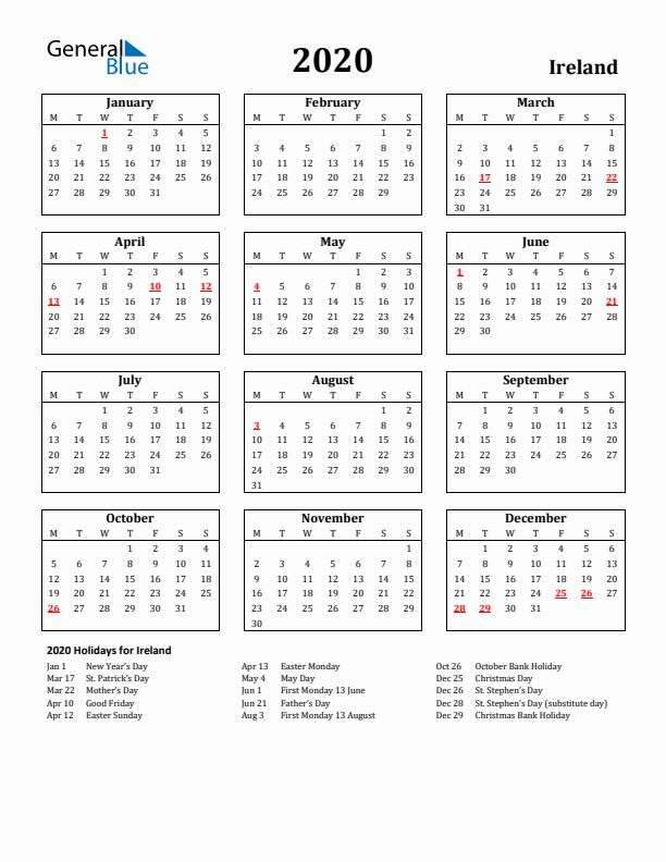 2020 Ireland Holiday Calendar - Monday Start