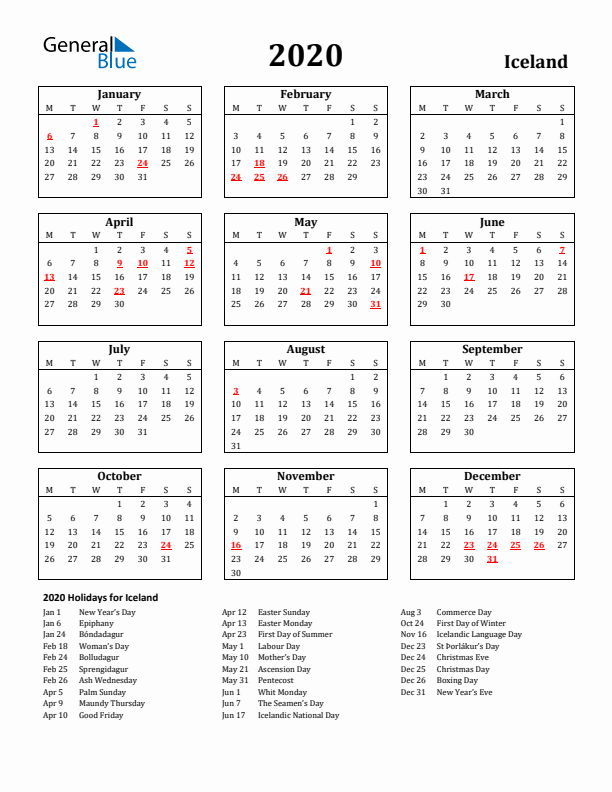2020 Iceland Holiday Calendar - Monday Start