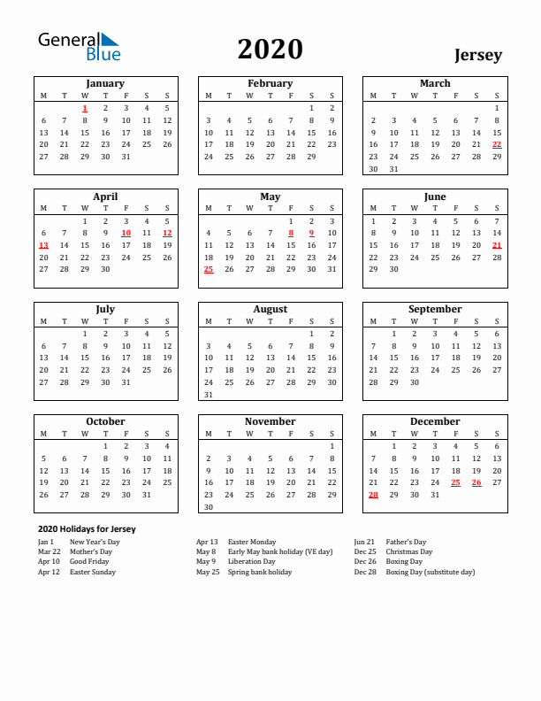 2020 Jersey Holiday Calendar - Monday Start