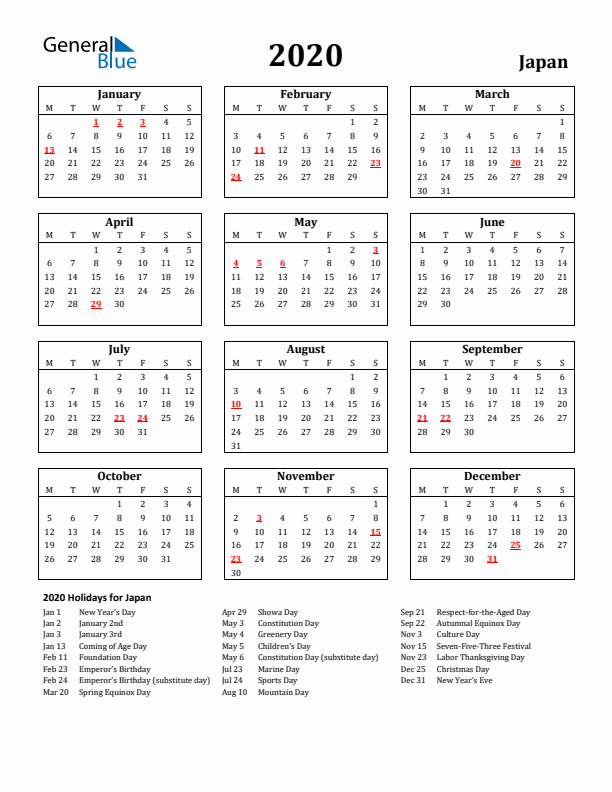2020 Japan Holiday Calendar - Monday Start