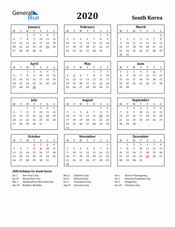 2020 South Korea Holiday Calendar - Monday Start