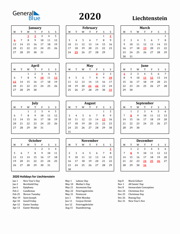2020 Liechtenstein Holiday Calendar - Monday Start