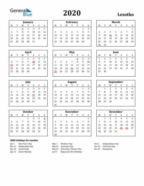 2020 Lesotho Holiday Calendar - Monday Start