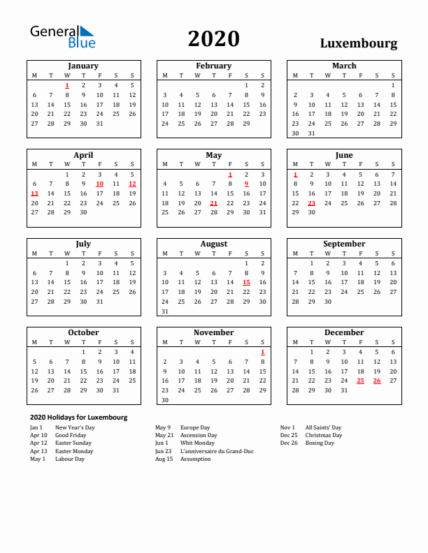 2020 Luxembourg Holiday Calendar - Monday Start