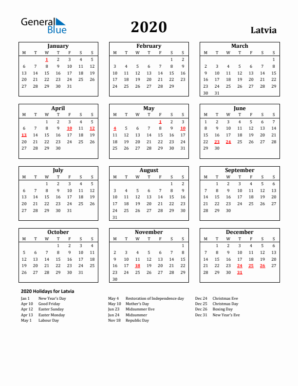 2020 Latvia Holiday Calendar - Monday Start