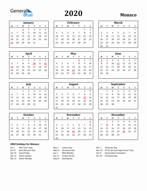 2020 Monaco Holiday Calendar - Monday Start