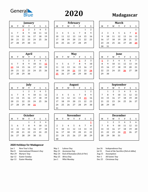 2020 Madagascar Holiday Calendar - Monday Start
