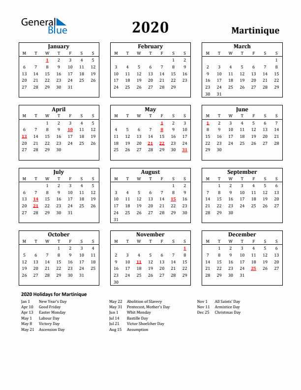 2020 Martinique Holiday Calendar - Monday Start
