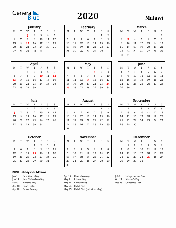 2020 Malawi Holiday Calendar - Monday Start