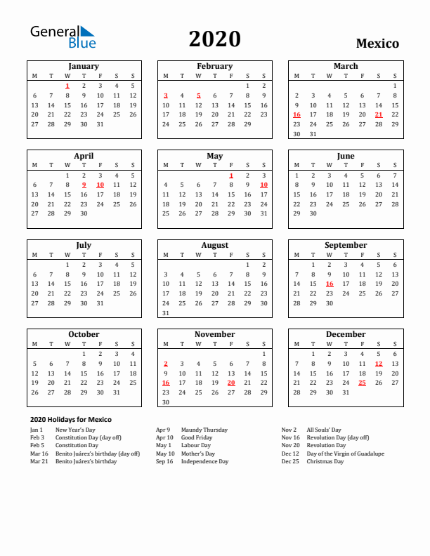 2020 Mexico Holiday Calendar - Monday Start