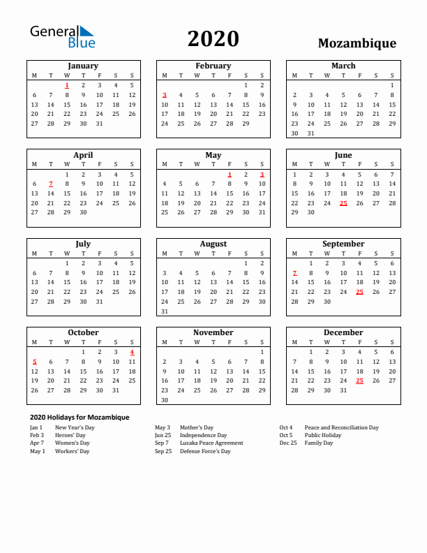 2020 Mozambique Holiday Calendar - Monday Start