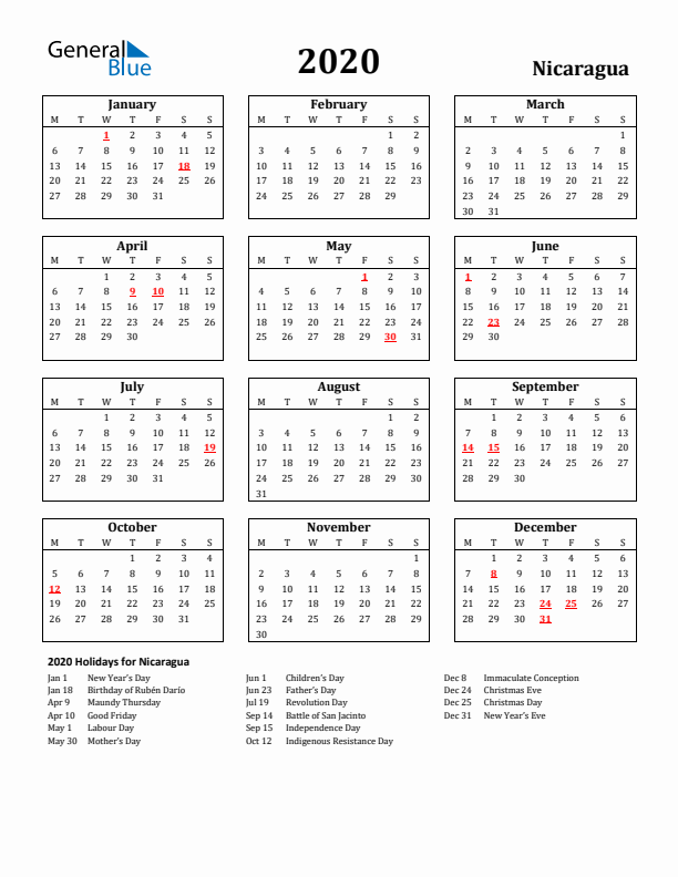 2020 Nicaragua Holiday Calendar - Monday Start